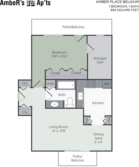 Floor plan for 1 bed, 1 bath, 894 sqft